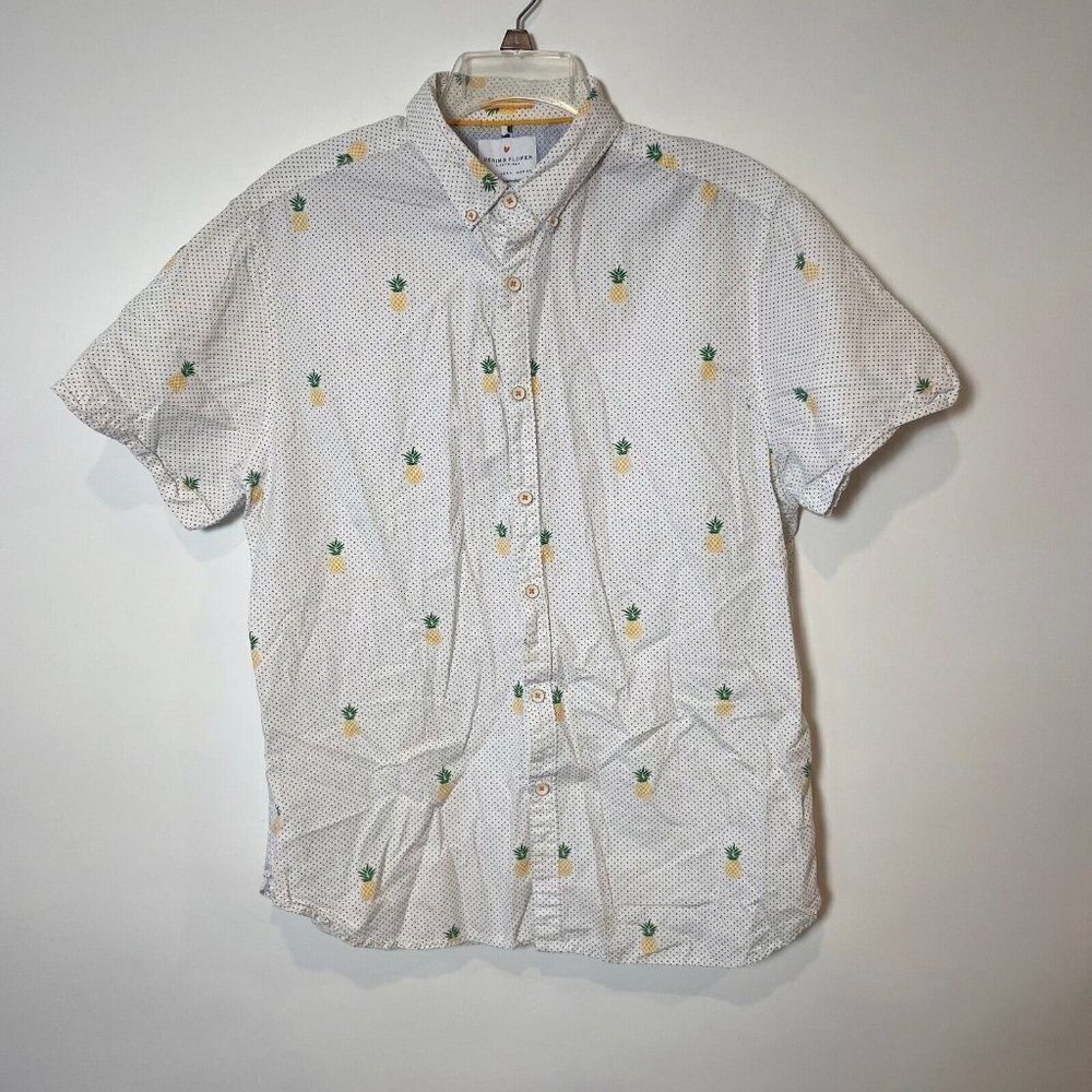 Denim & Flower Ricky Singh Swiss Dot Pineapple Polo Shirt Mens L White Slim Fit